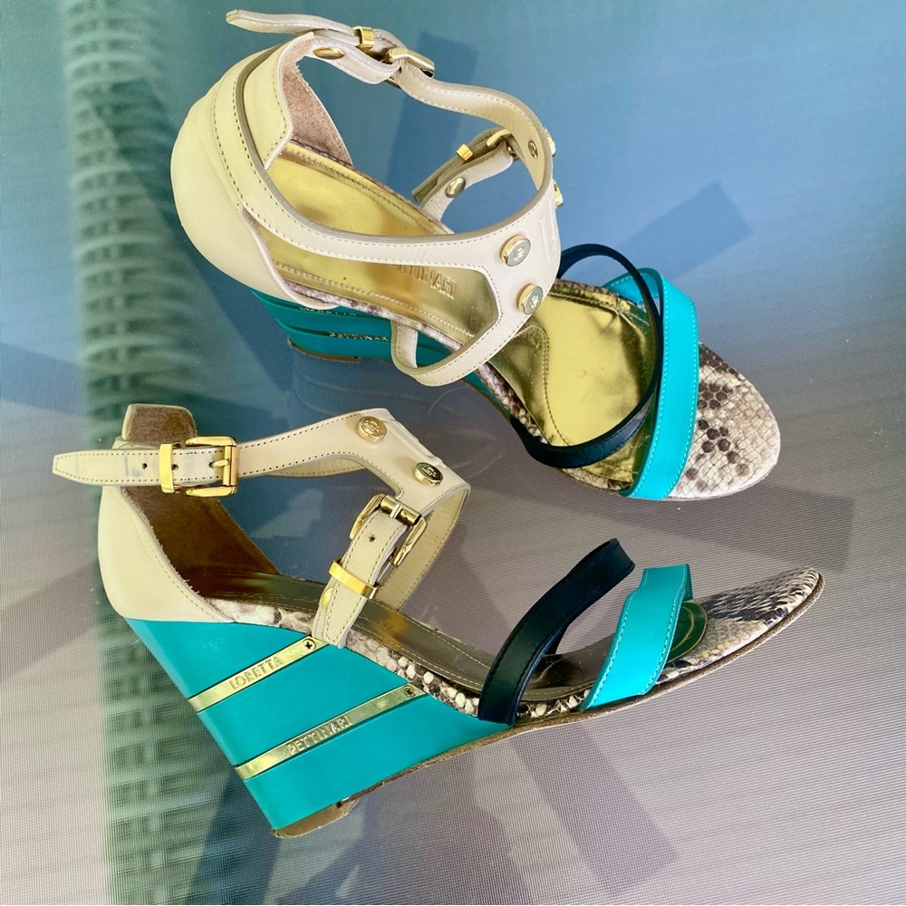 🇮🇹Loretta Pettinari, Italy 38. Turquoise Blue & Cream Strappy Wedge Sandals. 38 - Picture 15 of 16
